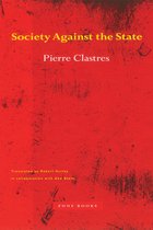 Boek 'Society Against the State' door Pierre Clastres, rode kaft met tekst.