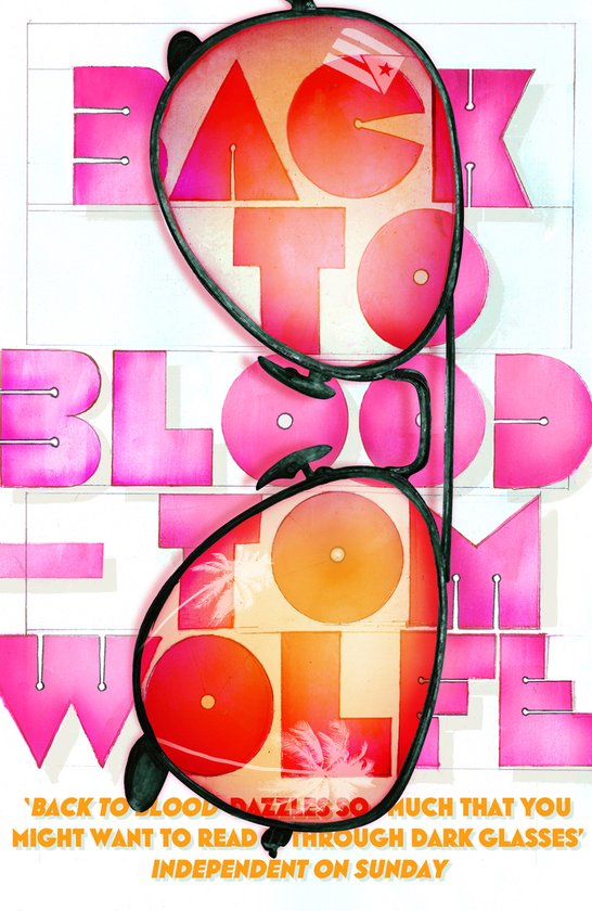 Texte rose et orange 'BACK TO BLOOD' avec des lunettes par-dessus, les verres reflètent un palmier.