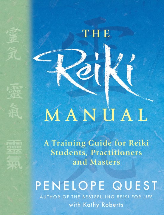 De cover van het boek 'The Reiki Manual' met een blauw-groen verloop, witte en gele tekst, en Japanse karakters.