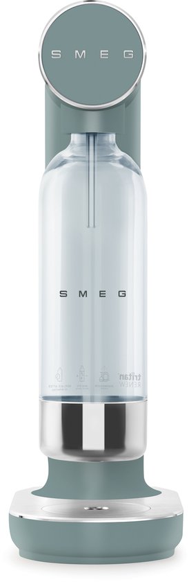 SMEG sodamaker in smaragdgroen met een flesje, zilveren details.