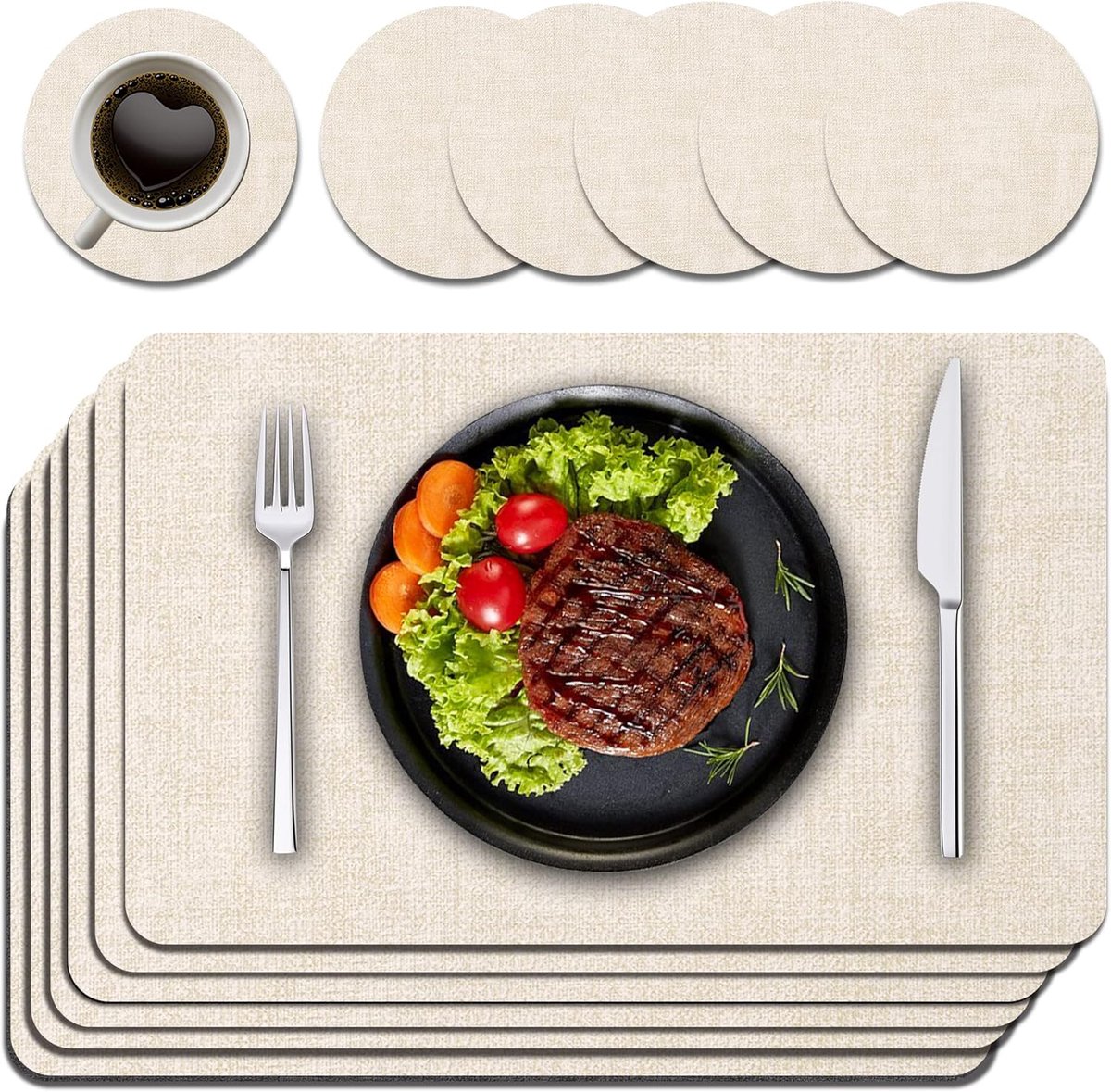 Set van 6 placemats en onderzetters - Vierkante stoffen placemat - Hittebestendig - Waterdicht, oliebestendig, antislip - 43x30cm tafelmat - Geschikt voor binnen en buiten