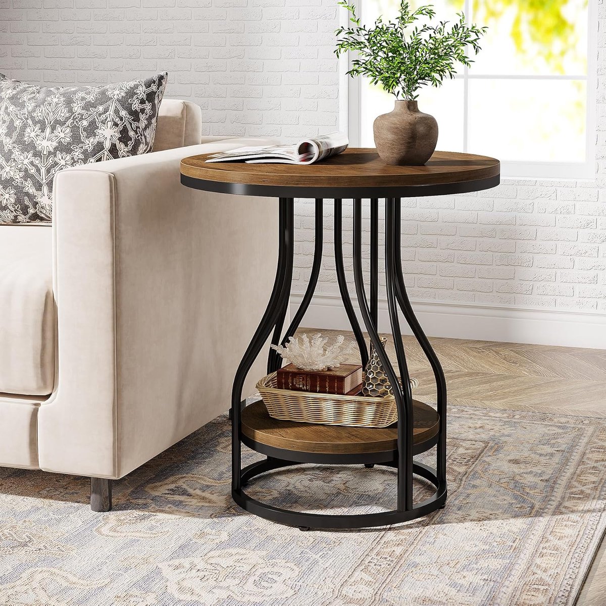 Tribesigns Ronde Bijzettafel - 2-Tier Eindtafels - Nachtkastjes met Opbergruimte - Tafel - Sidetable voor Woonkamer, Thuiskantoor - 50 x 50 x 60 cm - Bruin+Zwart