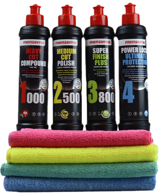 Vier Menzerna polijstmiddelen: Heavy Cut Compound 1000, Medium Cut Polish 2500, Super Finish Plus 3800, Power Lock Ultimate Protection 400. Met gekleurde poetsdoeken.