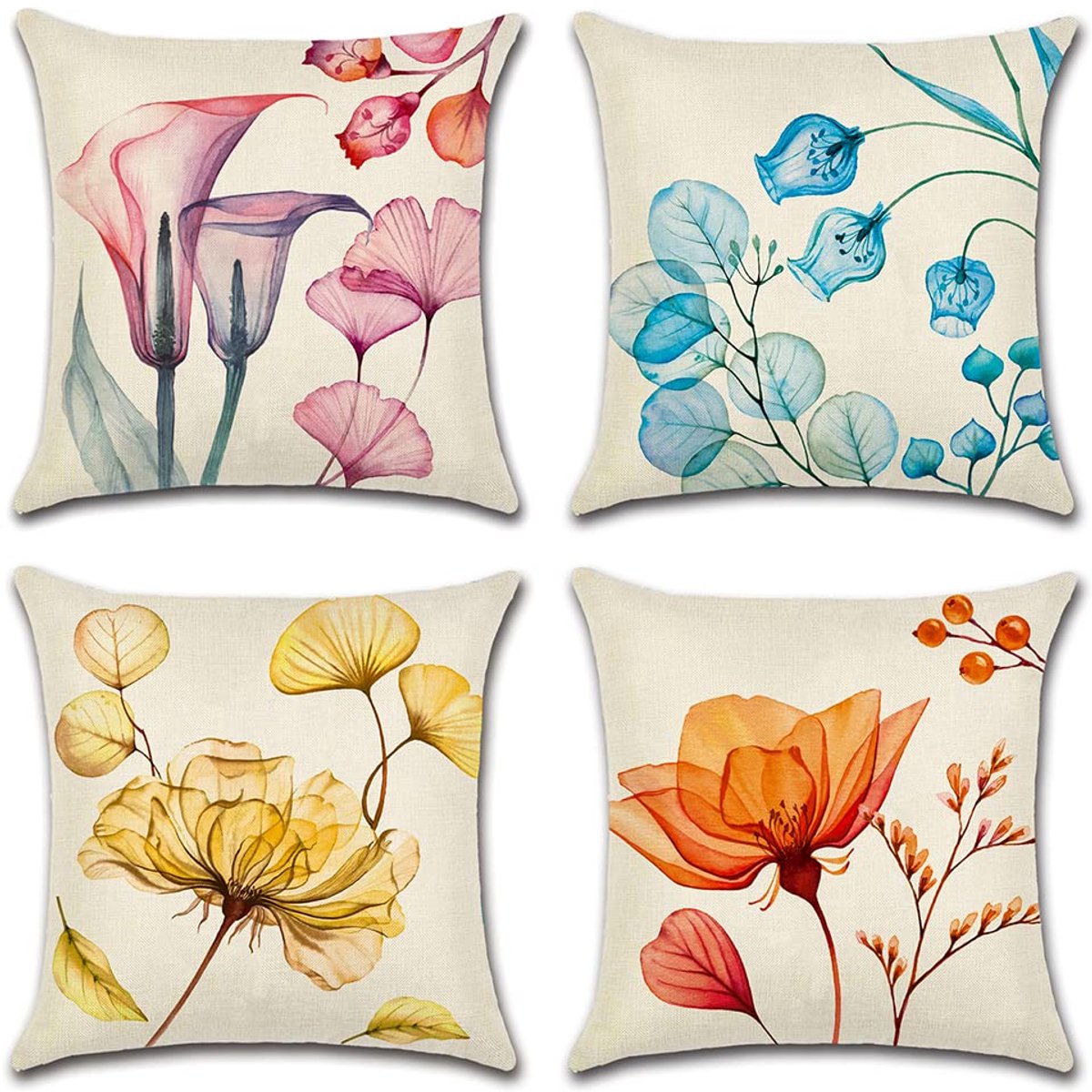 Ibenzoa Waterbestendige Buiten Kussenhoezen Set van 4 voor Tuin en Patio in Vrolijke Kleuren Roze Blauw Geel Oranje Bloemen