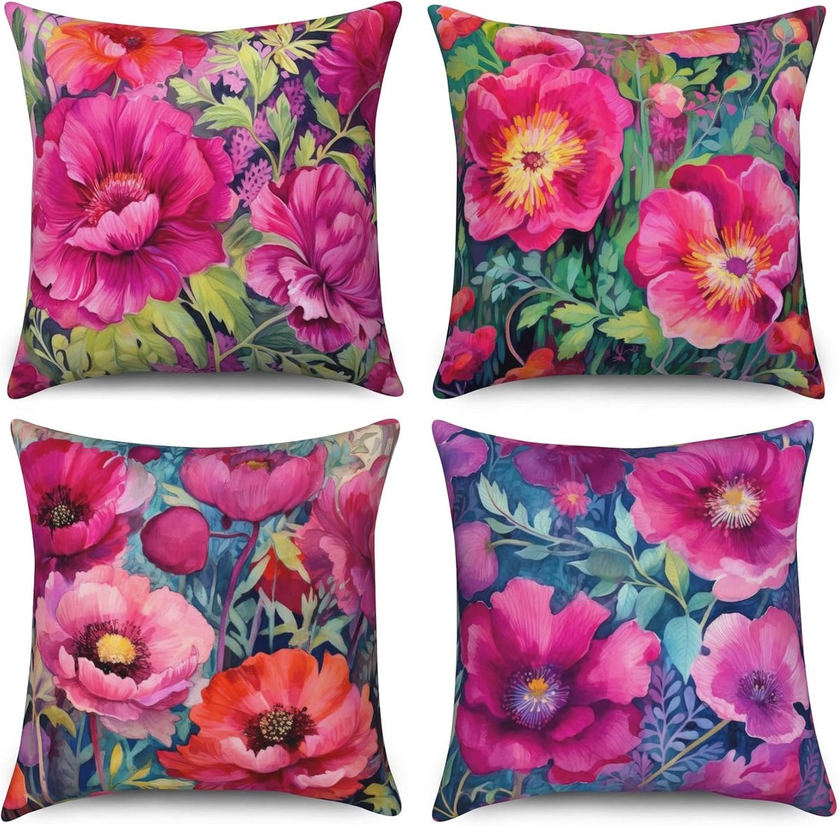 Ibenzoa Retro Bloem Kussenloop Set - 4 Stuks, 40x40cm, Vlas & Polyester, Rozenrood multi