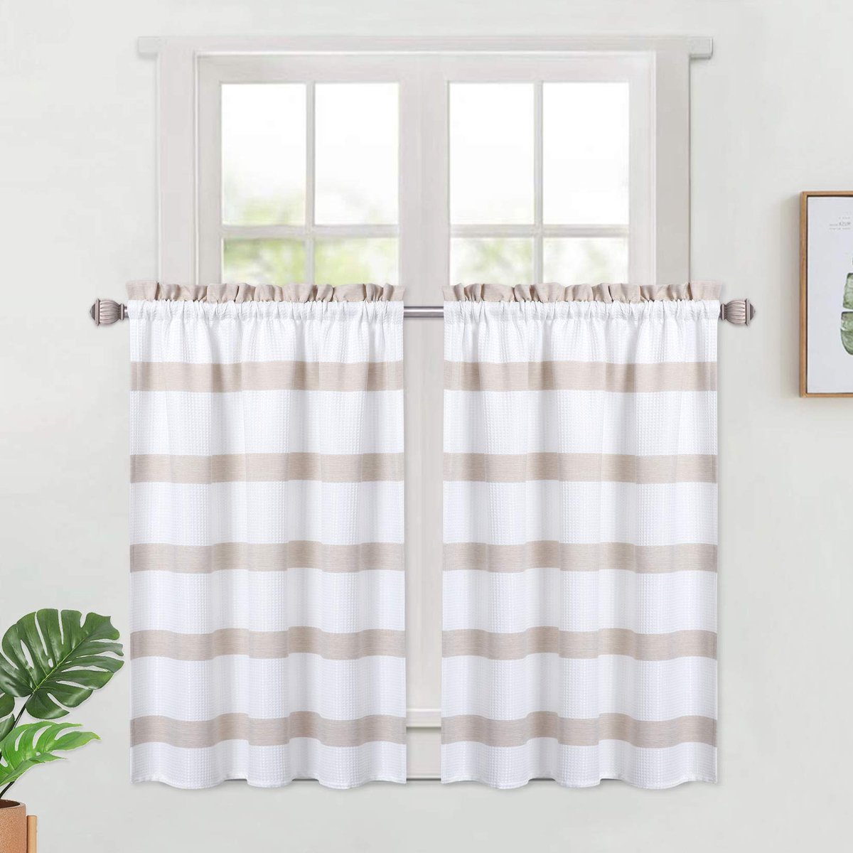 Ibenzoa Stijlvolle Wafelstructuur Keukengordijnen voor Korte Ramen in Moderne Boerderijstijl - 2 Stuks Set, Taupe 76 cm x 76 cm beige