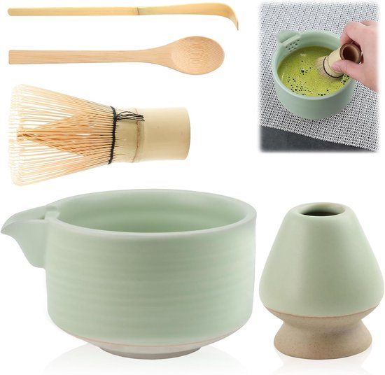 Lot De 5 Accessoires Thé Matcha Complet – Bol Céramique, Fouet Bambou, Cuillères, Porte-Fouet – Set Traditionnel Japonais Idéal Débutants & Cadeau