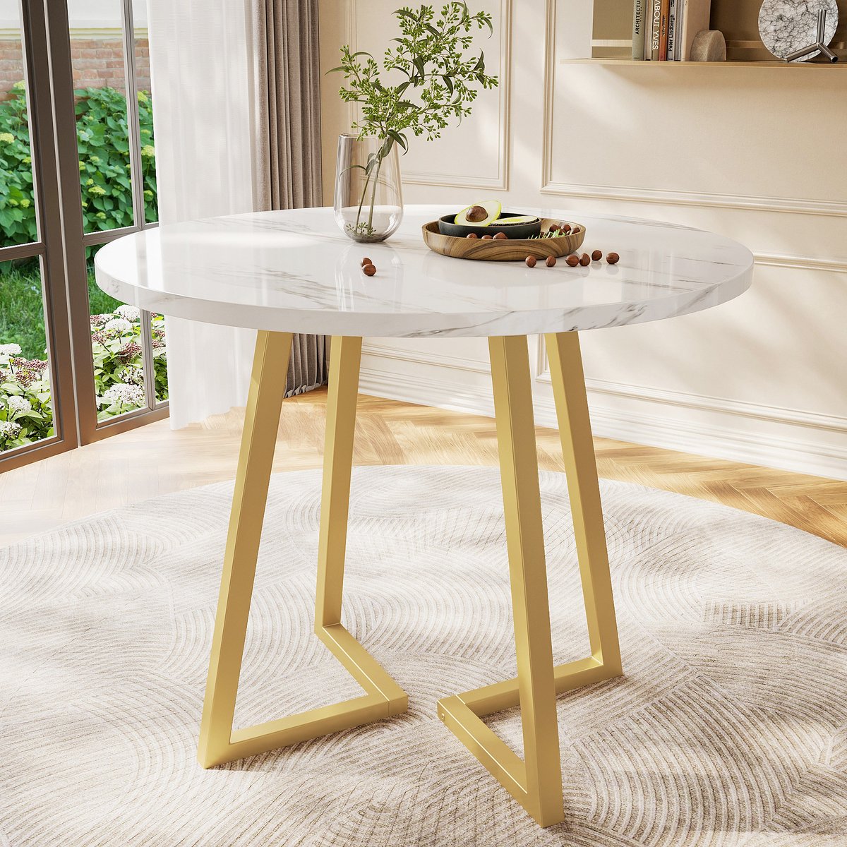 SINGULARITY Ronde eettafel (1 Stuk)-Metalen Frame-Marmeren Patroon-MDF Materiaal-Wit en Goud
