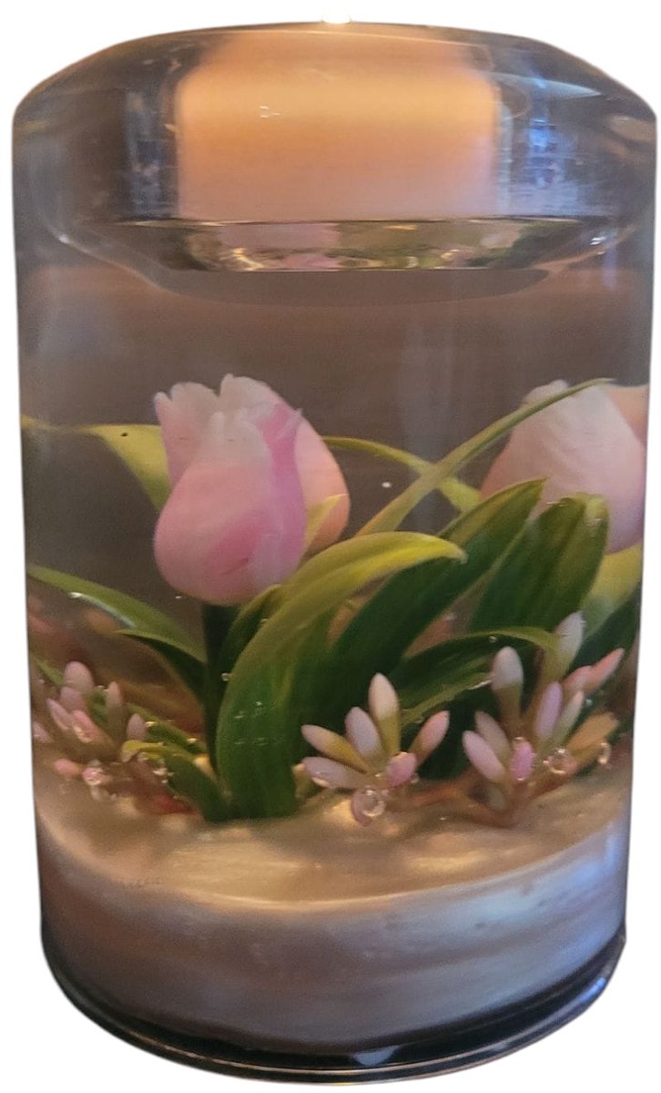 Oerhollands - waxinelichtje houder Hollandse tulpjes - rose wit - glas hoogte 11 cm doorsnede 7 cm sfeerlicht handgemaakt