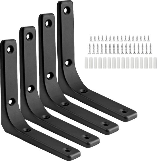 Cinq équerres métalliques noires en forme de L, avec des vis et des chevilles, isolées sur un fond blanc.