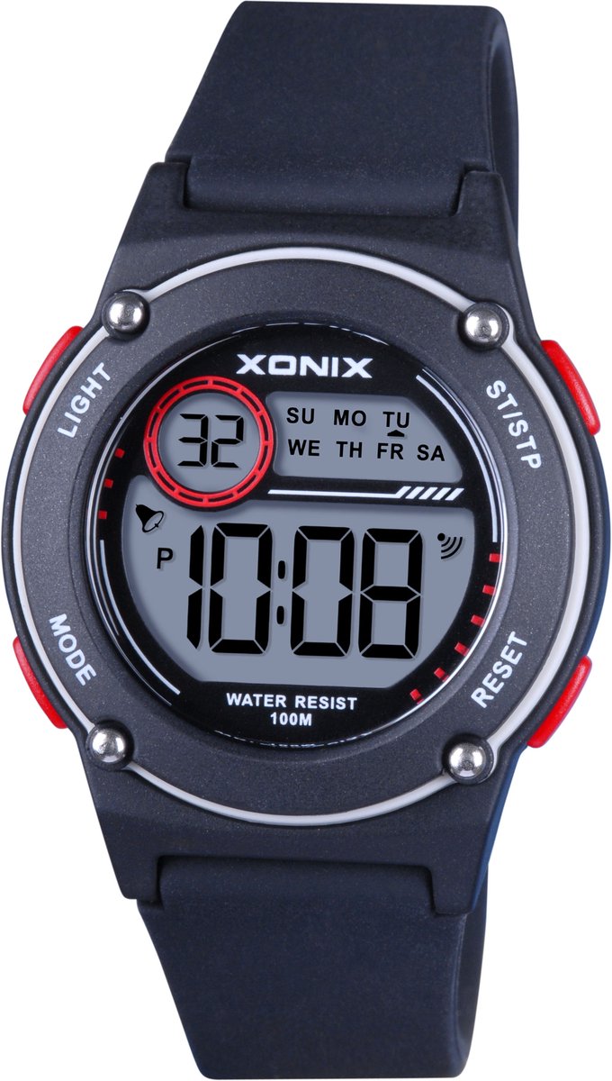 Xonix BBP-007 - Horloge - Polshorloge - Digitaal - Unisex - Rond - Siliconen band - ABS - Schermverlichting - Alarm - Datumaanduiding - Start-Stop - 12-24H - Zwart