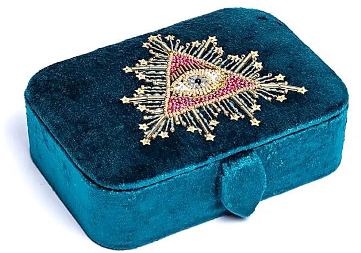 Sieraden / tarotdoos fluweel petrol met tarot oog