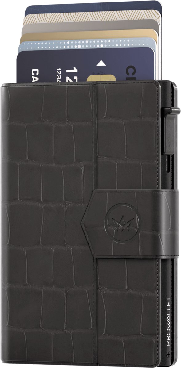 Prowallet Plus - Croco Zwart - Pasjeshouder voor 8 pasjes, briefgeld en muntgeld - Uitschuifbaar - RFID Creditcardhouder - Kaarthouder Portemonnee, Premium Pashouder voor Vrouwen - Aluminium, Kunstleer - Incl. Luxe Cadeaubox