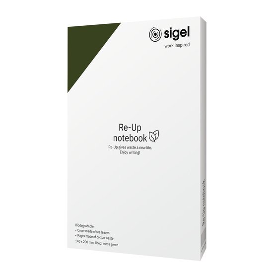 Sigel Re-Up notitieboek, mosgroen, A5, gelinieerd. Gemaakt van theebladeren en katoenafval.