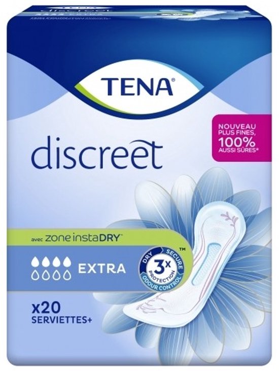 Tena Discreet Extra verbanden, blauwe verpakking, 'nouveau plus fines' met instaDRY zone.