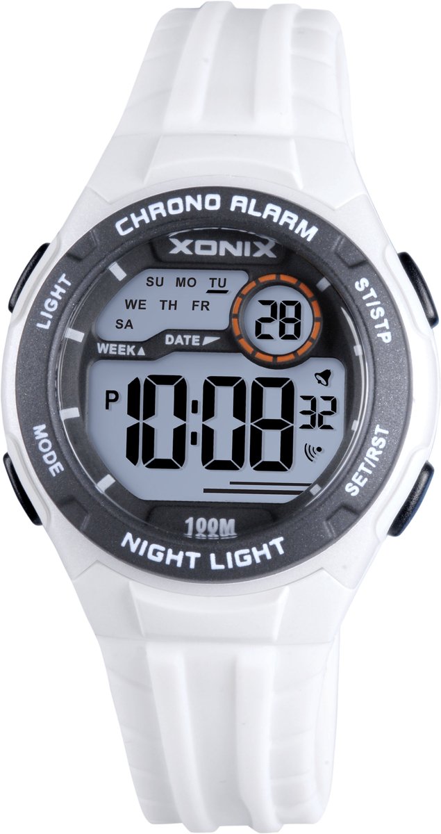 Xonix BBO-001 - Horloge - Polshorloge - Digitaal - Kinderen - Unisex - Rond - Siliconen band - ABS - Schermverlichting - Alarm - Datumaanduiding - Start-Stop - Tweede tijdzone - 12-24H - Chronograaf - Wit - Zwart
