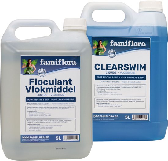 Famiflora 'helder zwembad' pakket Clearswim 1x5L + vlokmiddel 1x5L - tegen troebel water - vloeibare flocculant voor kristalhelder water - Tegen zeepresten, olie, zonnecrème en vuil in een zwembad
