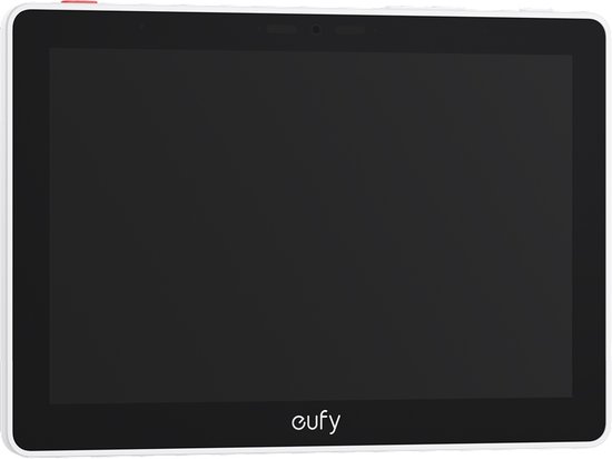Frontaal aanzicht van het eufy smart display. Wit, rechthoekig scherm met een zwart display.