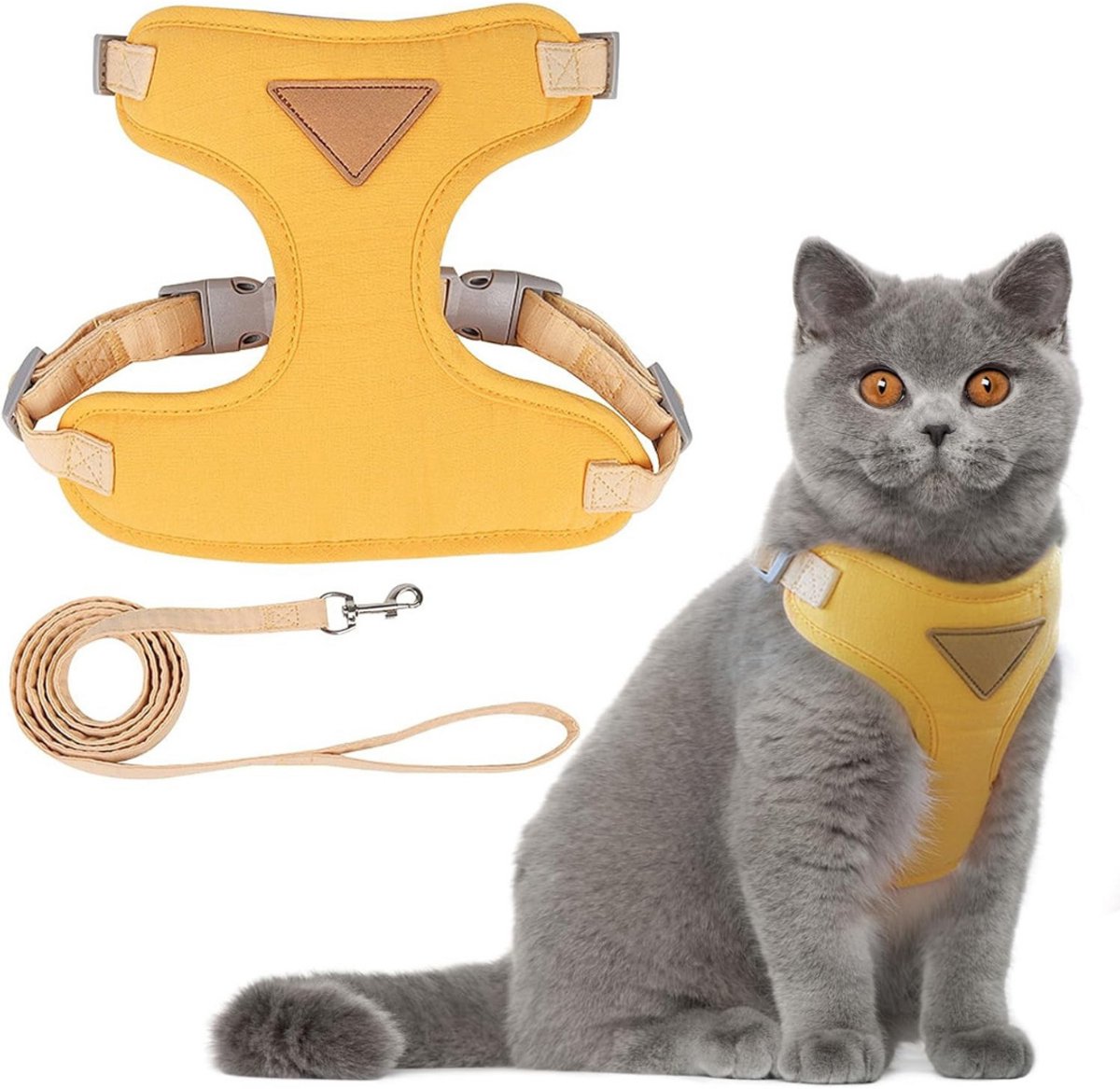 GTB® Kattentuigje met Looplijn - Kattentuigje - Kattenharnas - Geel - 19cm x 15cm x 3cm