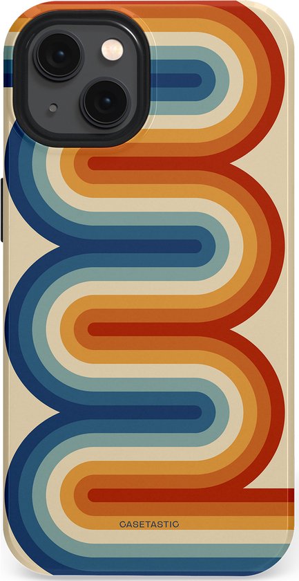 Telefoonhoes met retro streepdesign in crème, oranje, blauw en rood.