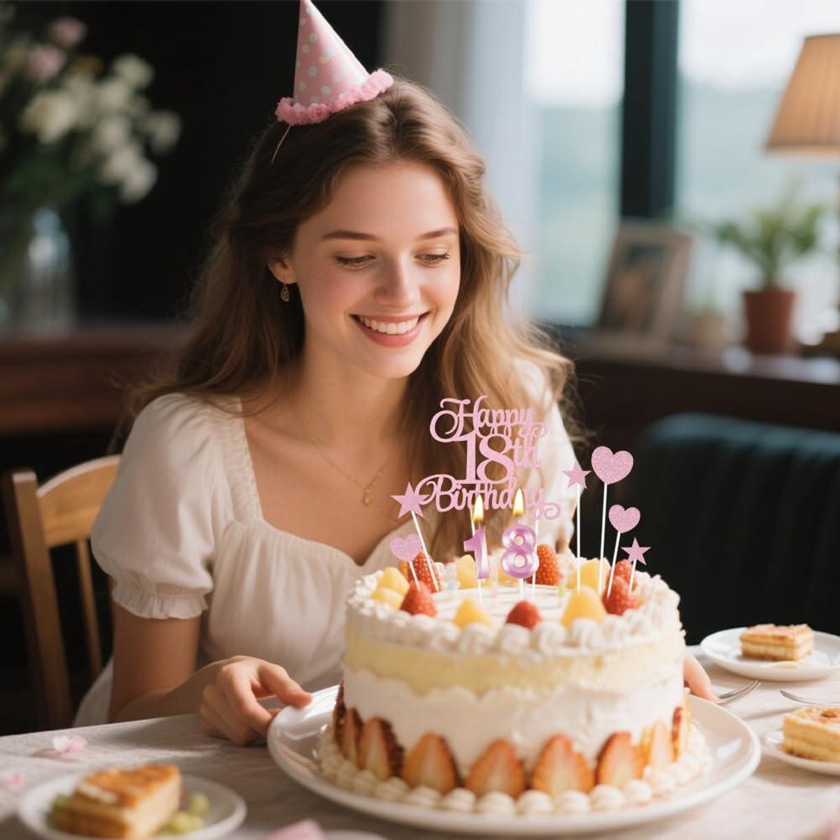 18 & fabulous ✨ Deze prachtige vanille taart met zachte roze details is dé blikvanger voor een 18e verjaardag 💕 Afgewerkt met schattige mini hartjes en elegante roze strikjes – perfect
