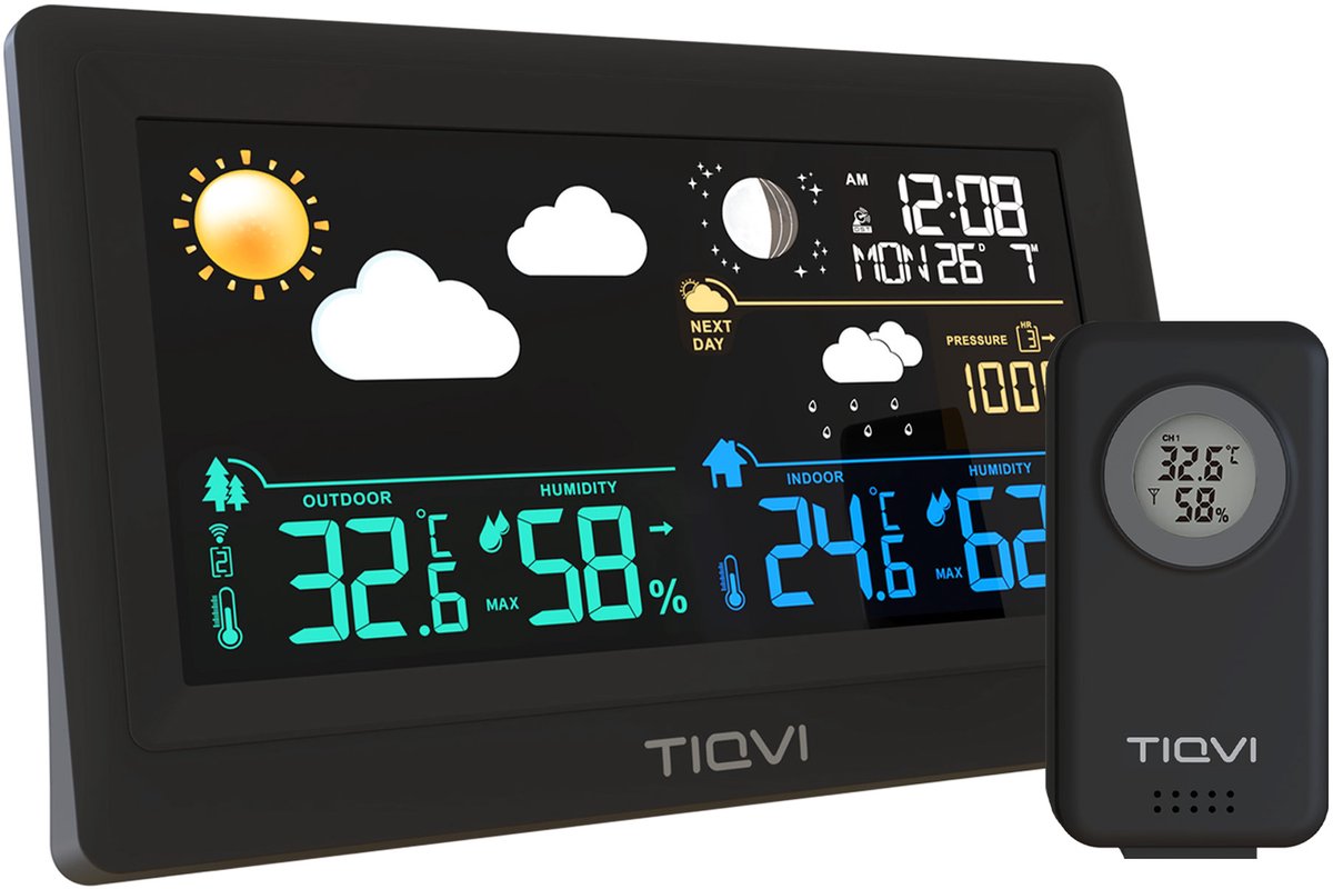 Tiqvi - Weerstation met Buitensensor - Draadloos - 7 inch Kleurendisplay - Touchscreen - Binnen en Buiten