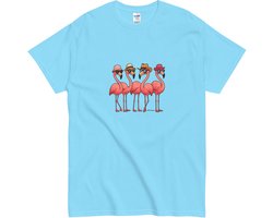 Tshirt Unisex - Dames en Heren - Ronde Hals - Leuke Flamingo Illustratie - Blauw - M