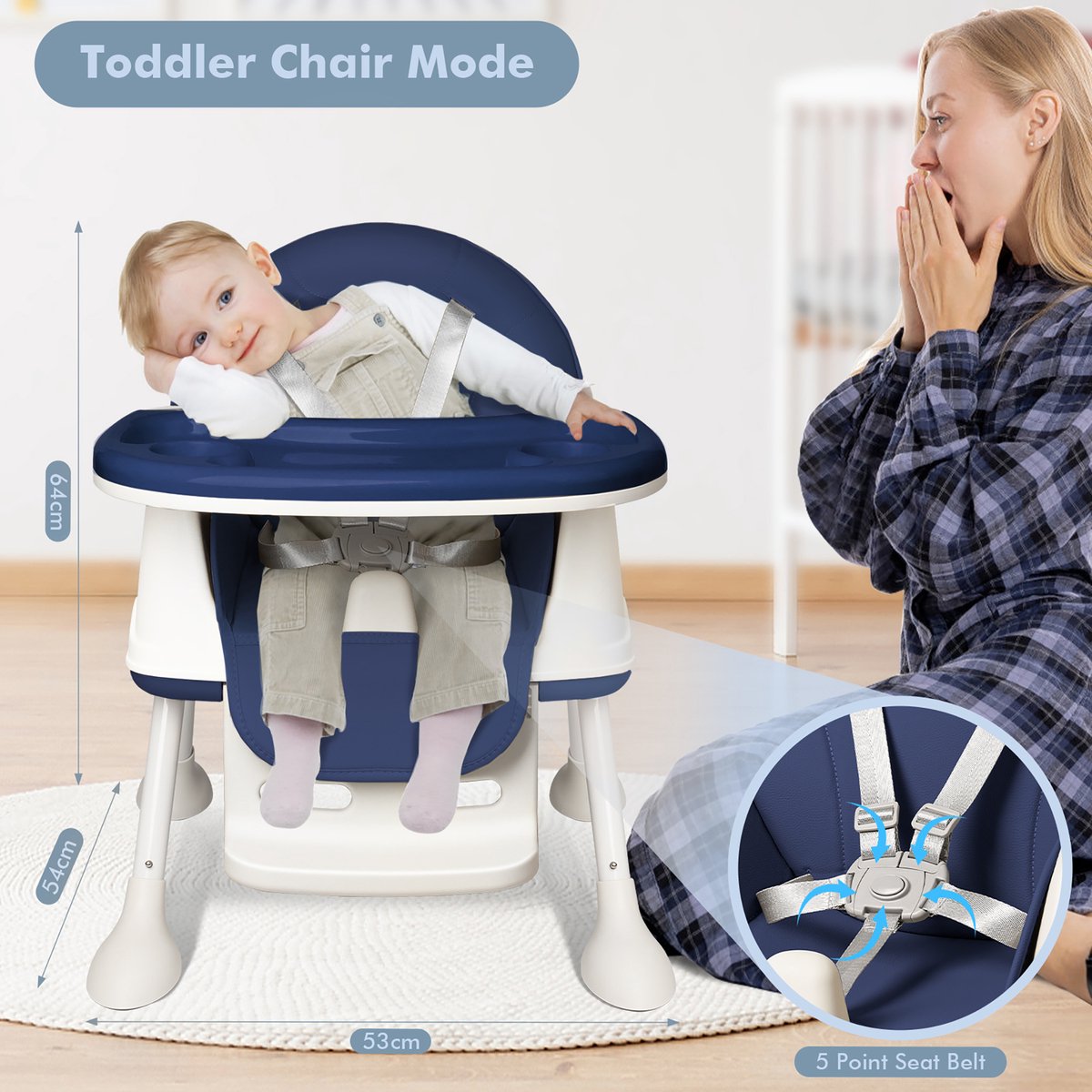 Aufun 3-In-1 Kinderstoelen, Kinderstoel, Eettafel, Babystoel, Babywalker, Babywalker, Stoelverhoger, Kinderzitje Voor Baby'S Van 6-36 Maanden, Tafel, Stoel Met Tafel En Wielen, Dienblad, Draagbaar, Blauw thumbnail 6