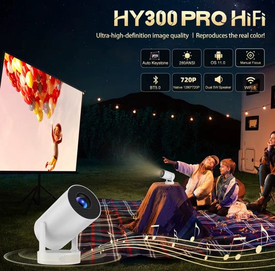 4K Mini Beamer HY300 Pro – Android 11, Dual Wifi6, 260 ANSI Lumen, Bluetooth 5.0, 1080P Home Cinema Outdoor Projector