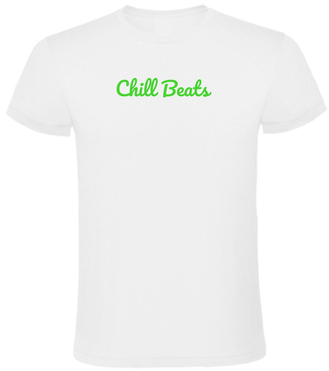 Unisex Zomer Tshirt – CHILL BEATS T-shirt in Neon Medium Design EIZOOK Wit