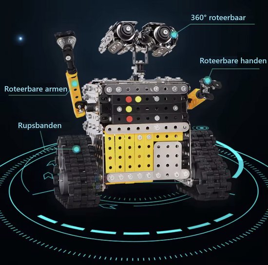 Gedetailleerde robot met gele accenten, rupsbanden, roteerbare armen, hoofd en handen. 360° roteerbaar.