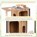 Kattenboom met meerdere zitgelegenheden, een oversized gewatteerd platform en drie ruime kattenholen, met een slapende kat.