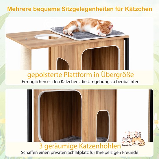 Kattenboom met meerdere zitgelegenheden, een oversized gewatteerd platform en drie ruime kattenholen, met een slapende kat.