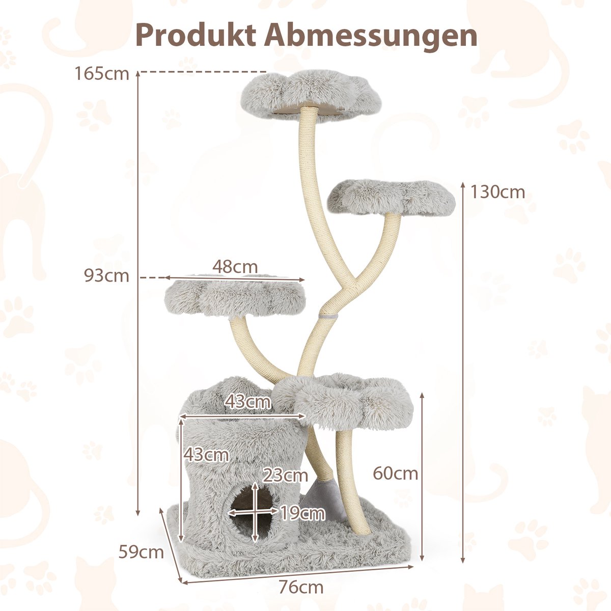 COSTWAY 165 cm krabpaal van hout, kattenboom met 4 warme ligvlakken, kattenhol en sisalstammen, klimboom, kattenkrabpaal groot, kattentoren met metalen frame, kattenmeubel voor katten – foto 4