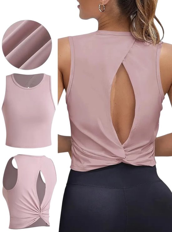 Débardeur de Sport sans manches - Dos ajouré avec nœud torsadé - Élégant - Medium - Léger et respirant - Rose - Taille XL