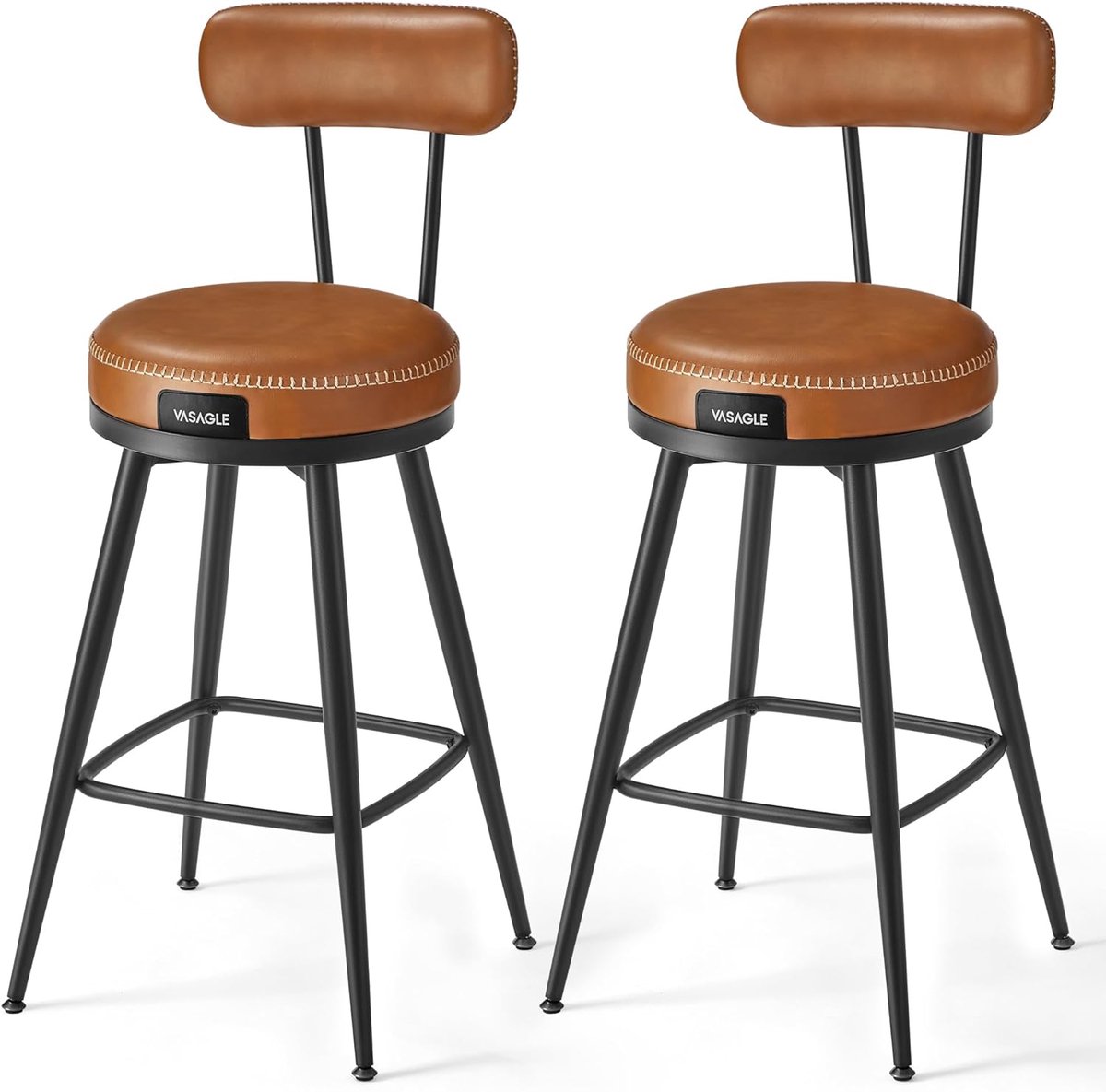 Furnstar - Barkruk set van 2 - 360° draaibare barkruk - Kruk met rugleuning voor keukeneiland - Kunstleer met naden - Mid-Century moderne stijl - 65 cm hoog - Keuken huisbar - Karamelbruin