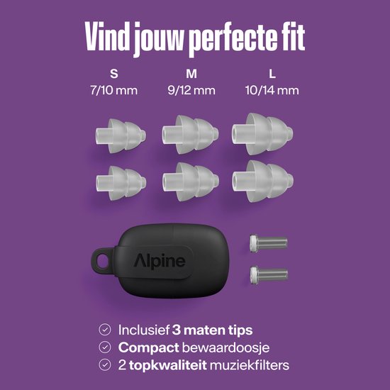 Vind jouw perfecte fit: maten S, M, L, compact bewaardoosje, 2 muziekfilters.
