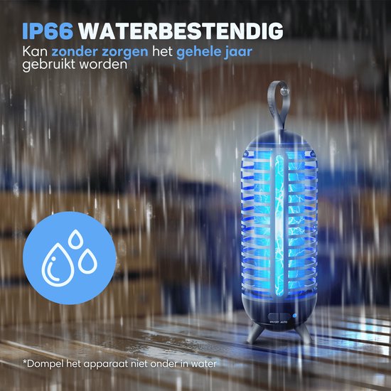 Waterdichte IP66 insectendoder met blauwe UV-lamp, aan/uit/auto modus, en ophanglus.
