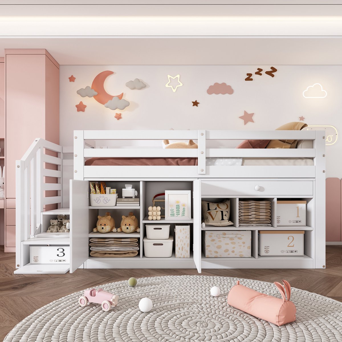 Sweiko Kinderbed, Multifunctioneel Houten bed met trap en Opbergruimte, Trap/kasten aan beide zijden verwisselbaar, laden omkeerbaar, te gebruiken als bureau, Geen matras, 90x200cm, Wit