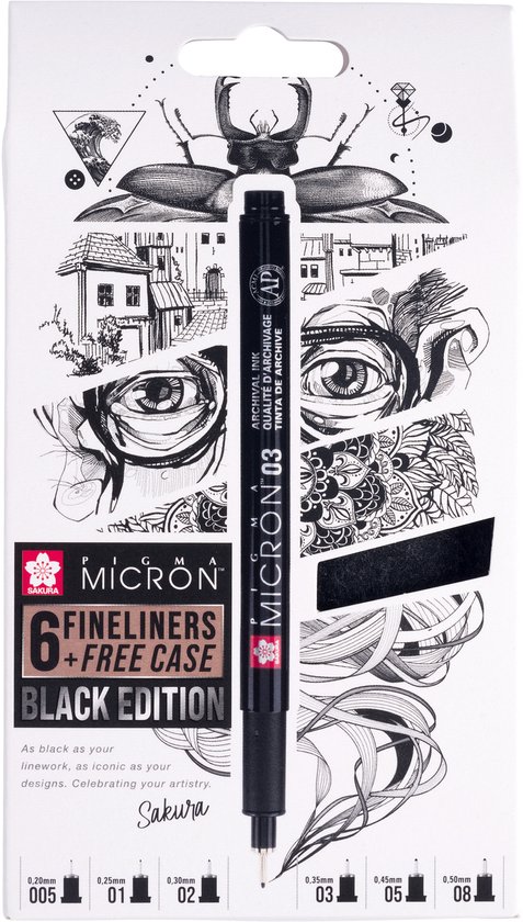Coffret Pigma Micron Black Edition + étui offert 6 stylos noir