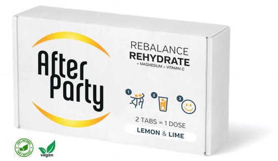 AfterParty Rehydrate verpakking, 100% natuurlijk, vegan, smaak citroen & limoen. Bevat 2 tabletten per dosis.