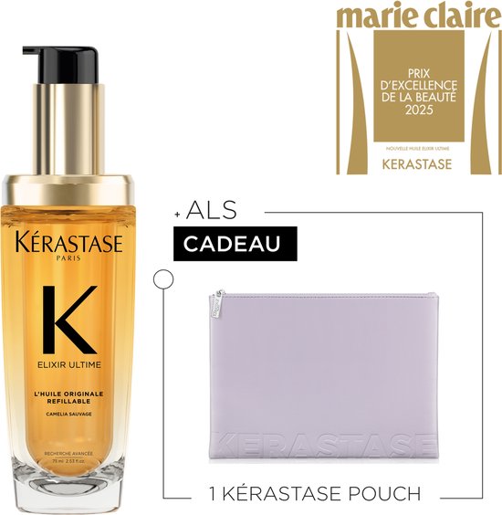 Flacon d'huile Kérastase Elixir Ultime dorée avec pompe dorée et une pochette Kérastase lilas offerte. Prix de beauté Marie Claire 2025.