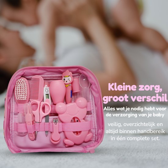 BenjaGoods Baby verzorgingsset - 13 in 1 - Baby Geschenkset - Babyshower - Manicureset - reistasje - Kraamcadeau - Meisje - Baby - Roze van BenjaGoods — afbeelding 2