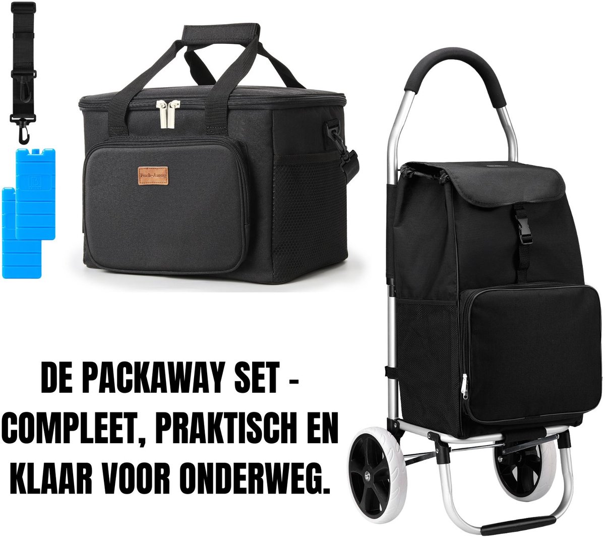 Packaway 45L Boodschappentrolley Zwart – Inclusief 15L Koeltas Lunchtas Zwart – Dé set voor dames en heren die altijd voorbereid willen zijn – Van supermarkt tot strand en werk