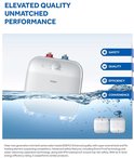 Witte Haier boiler half ondergedompeld in water, met de nadruk op veiligheid, kwaliteit, efficiëntie en gemak.