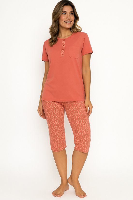 Dames Pyjama - Katoen - Zomer - 3/4 broek - Peach - Maat M