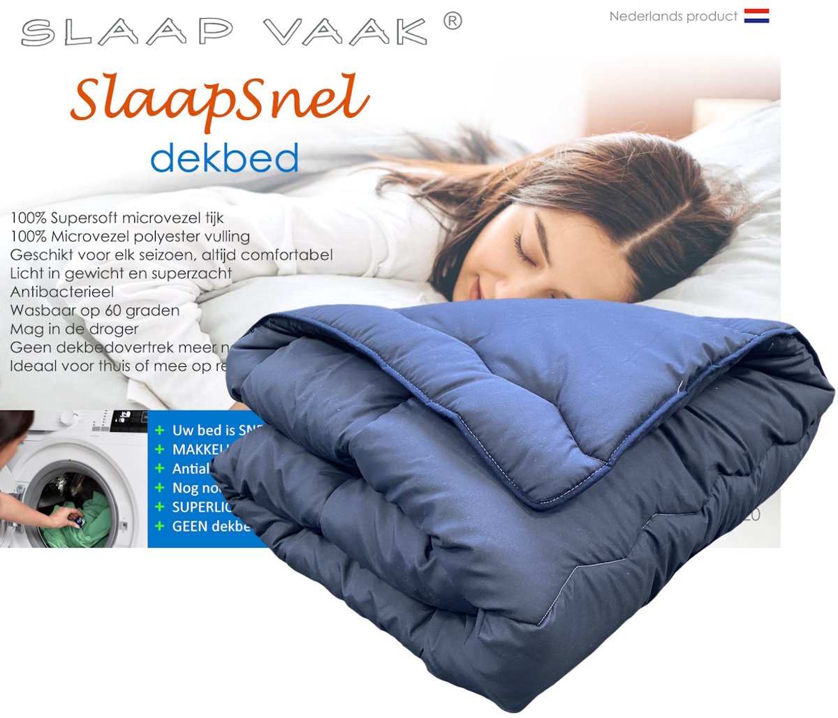SlaapVaak SlaapSnel Dekbed - Dekbed zonder Overtrek - All Year Dekbed - Hoesloos Dekbed - Anti-Allergisch - Wasbaar - Litsjumeaux - 240x220 cm - Blauw