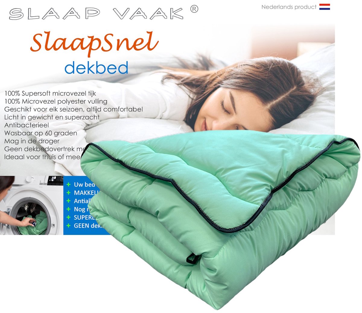 SlaapVaak SlaapSnel Dekbed - Dekbed zonder Overtrek - All Year Dekbed - Hoesloos Dekbed - Anti-Allergisch - Wasbaar - Litsjumeaux - 240x220 cm - Mint Groen