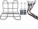 Zwart metalen fietsbagagedrager verbreedset met montagemateriaal en drie zwarte bagagespinnen met rode strepen.