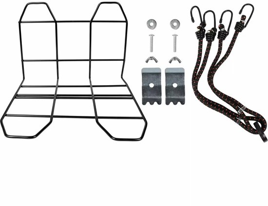 Zwart metalen fietsbagagedrager verbreedset met montagemateriaal en drie zwarte bagagespinnen met rode strepen.